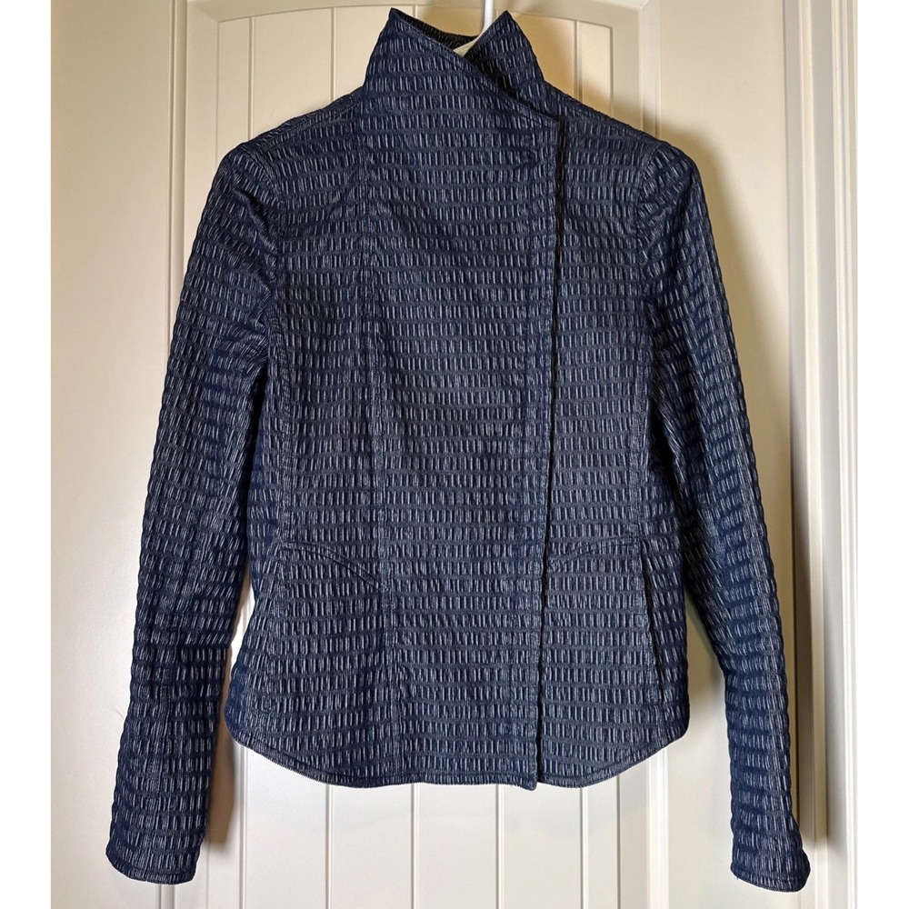 Akris Punto Sz 6 Blue Gray Black Textured Blazer Jacket Asymmetrical Zip Pocket
